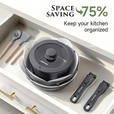 Набір посуду JEETEE 20 предметів з антипригарним титановим покриттям та знімною ручкою, для індукційних плит, з кришками, сірий