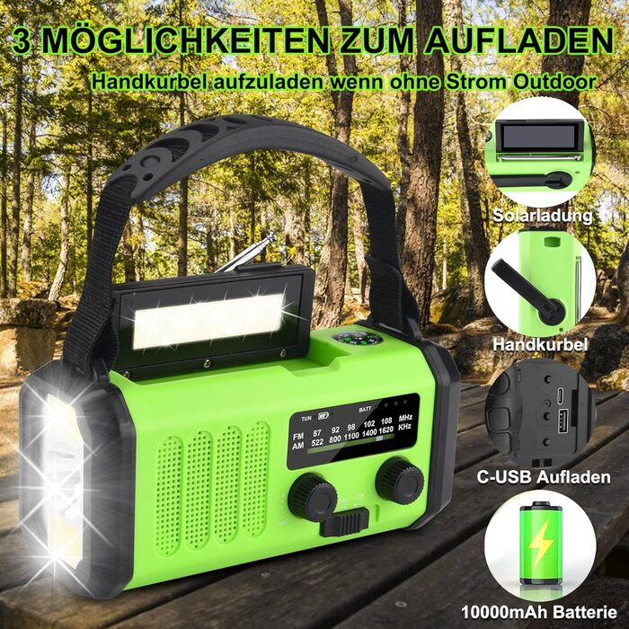 Радіо на сонячній енергії з ручним заводом Solar Radio AM/FM, Powerbank 10000mAh, LED ліхтарик, SOS сигнал, USB-C зарядка для телефону, зелений