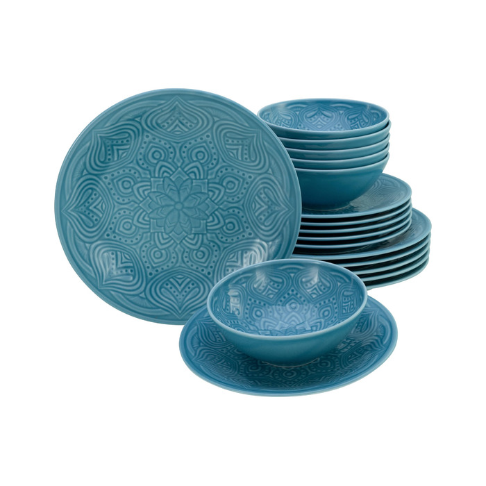 Набір посуду CreaTable Serie Orient Mandala 18 предметів, порцеляновий, аквамарин, для мікрохвильовки та посудомийної машини, зроблено в Європі