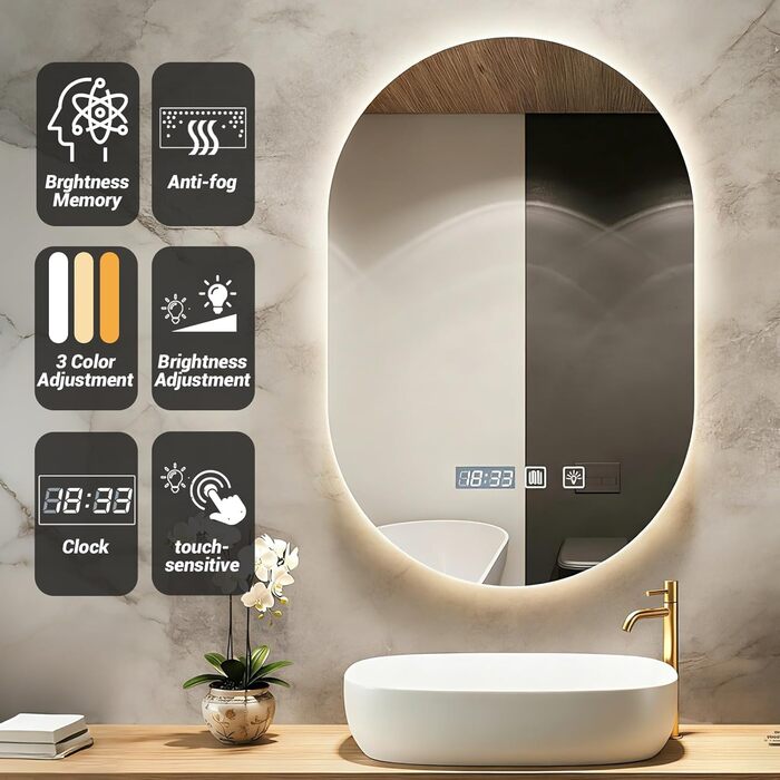 Дзеркало для ванної кімнати з підсвічуванням 50x70 см, з підігрівом, годинником, LED-підсвічуванням, сенсорною панеллю, функцією пам'яті, 3 кольори світла, регулювання яскравості