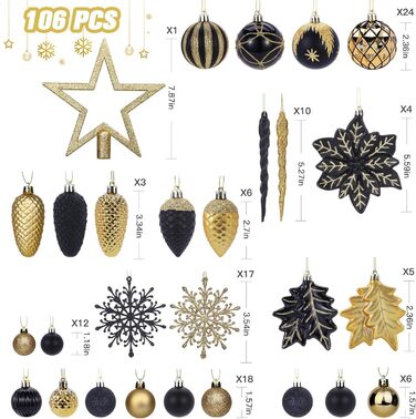 Набір прикрас для ялинки Shareconn: 106 шт., 24 кольори, ударостійкі кулі, декор для ялинки, свята, весілля (чорний та шампань-золото)