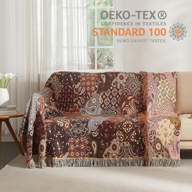 Плед Boho Softexly з 100% бавовни – двосторонній мусліновий плед 150x200 см, м'який плед на диван та ковдра на ліжко, естетичний дизайн, ідеально для вітальні та спальні, помаранчево/блакитний (150 x 200 см, візерунок Пайслі)