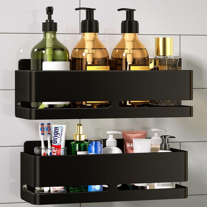 Настінна полиця для ванної кімнати (5 шт. в наборі) з мильницею та тримачем для зубних щіток, без свердління, для ванної та кухні (сірий, чорний, 2 яруси)