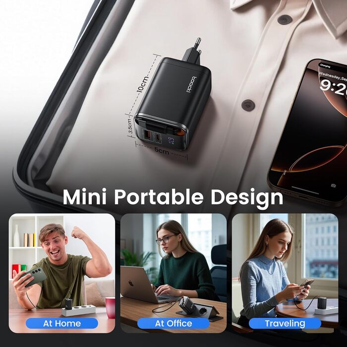 Зарядний пристрій USB-C toocki GaN 67W з LED дисплеєм та вбудованим кабелем для MacBook, iPhone 17 Pro Max, Samsung Galaxy S24 Ultra/S23, Nintendo Switch, ноутбуків та смартфонів - Чорний