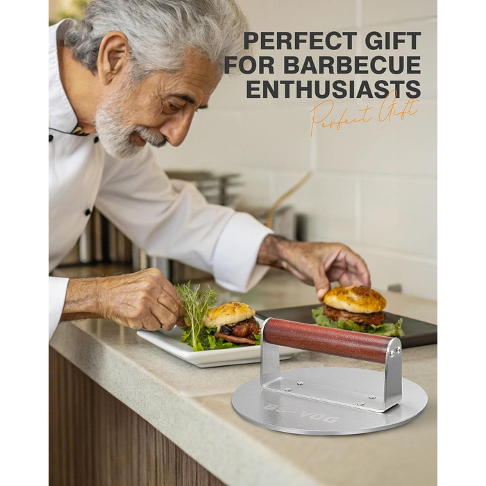 Пресс для бургера з нержавіючої сталі з дерев'яною ручкою, 15.24 см - Burger Smasher для м'яса, котлет, стейка, бекону, подарунковий набір