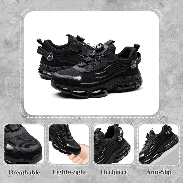 Робочі черевики: захисні черевики для чоловіків та жінок, з металевим підноском, антипрокольні, легкі, спортивні, дихаючі, самозачинені, з швидкою застібкою, модні, захисні черевики 36-46 EU (46 EU, Чорний 266)
