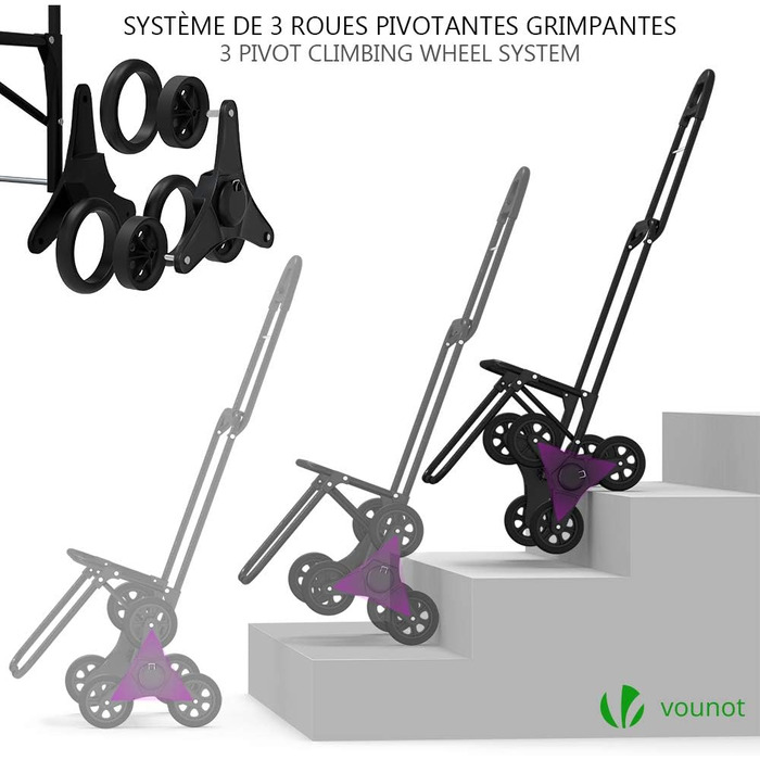 Тростина-тележка Vounot з підйомником для сходів та холодильником, складаний візок для покупок на 3 колесах, 40 л, чорний