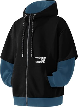 Чоловіча толстовка з капюшоном RUIZEHONG з блискавкою, спортивна куртка, кольорові блоки, повсякденний стиль, з кишенями, біло-чорна (чорно-синя, S)