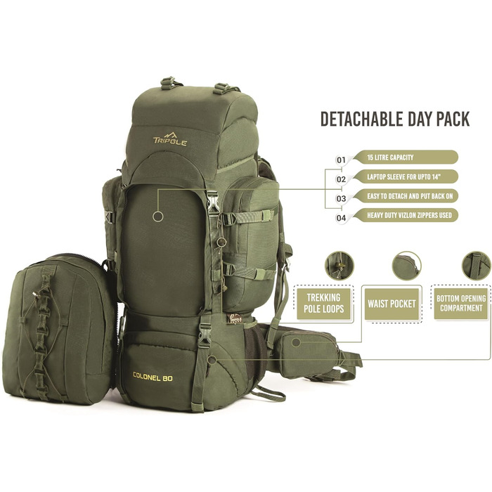 Tripole Rucksack from the Colonel Series with Internal Frame - Featuring Detachable Daypack and Rain Cover (95 Liters, Green (Army Green))
