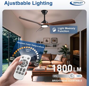 Depuley Стеляний вентилятор з підсвічуванням для вулиці: LED лампа з вентилятором для саду, тераси - 132 см, з підсвічуванням та APP для вітальні, ресторану, офісу, коричневий, 52''