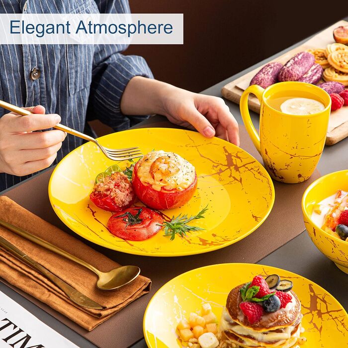LOVECASA Набір посуду Sweet 16: 16-ти частинний сервіз з золотим декором, жовтий, для 4-12 осіб
