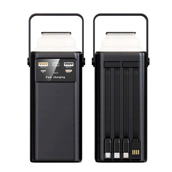 Повербанк 50000 mAh чорний, USB-C 66W, з кабелями та ліхтариком