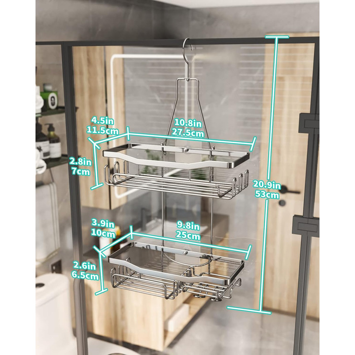 HapiRm Shower Shelf to Hang with Razor Holder & Soap Holder - Hanging Shower Shelf with Multiple Hooks - High-Quality Hanging Shower Shelf Stainless Steel No Drilling-Silver