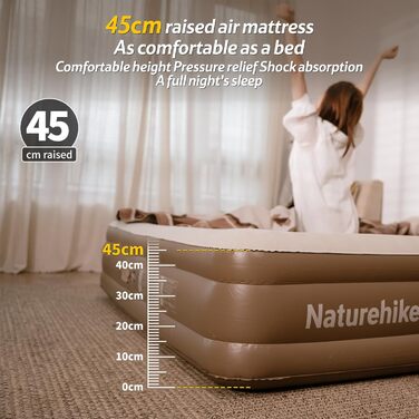 Надувний килимок Naturehike для кемпінгу та дому (190x100x45 см) з акумуляторним насосом - самонадувний, легкий, зручний, для 1-2 осіб (колір: коричневий)