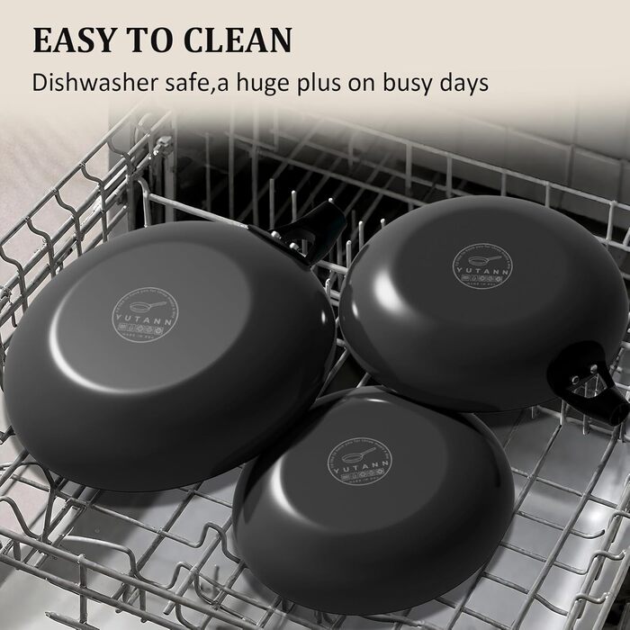 Набір сковорідок YUTANN з чавуну (20, 24, 28 см), з антипригарним покриттям, знімний дерев'яний ручка, для плити, індукції, духовки, без PFAS/PFOA, легко мити (чорний)