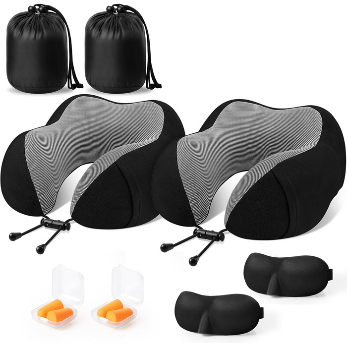 Подушка для шиї CloudBliss, преміум-меморі піна, зручна та підтримуюча, для подорожей, літака, авто, офісу та дому, 2 шт. (Чорний/Чорний)