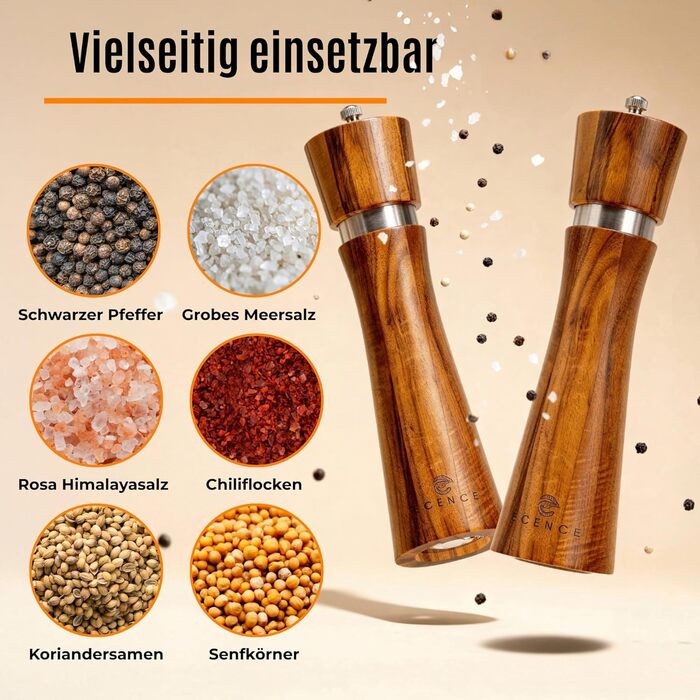 Набір з 2 мельниць для солі та перцю Ecence Holz з акації з керамічним механізмом, пензлик та підставки в комплекті