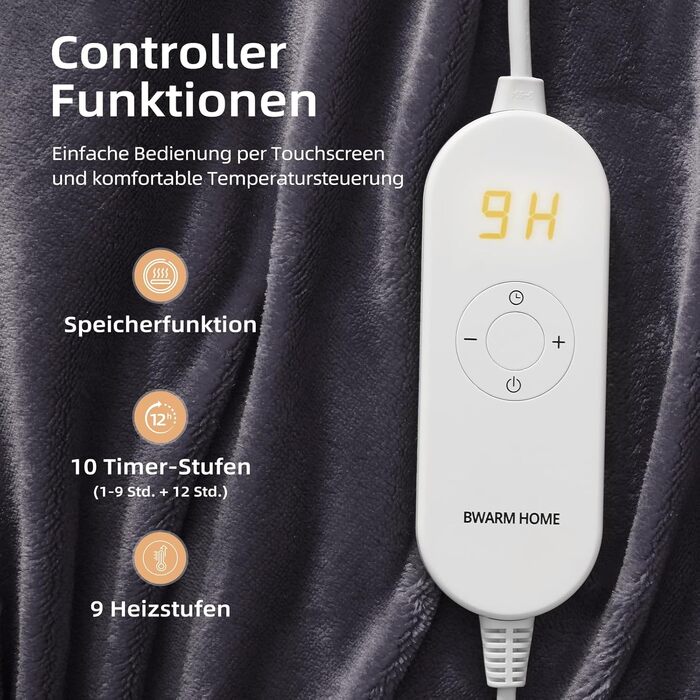 Електрична гріюча ковдра 130x180 см з таймером та захистом від перегріву, 9 режимів нагріву, функція пам'яті, фланель, для спальні, офісу