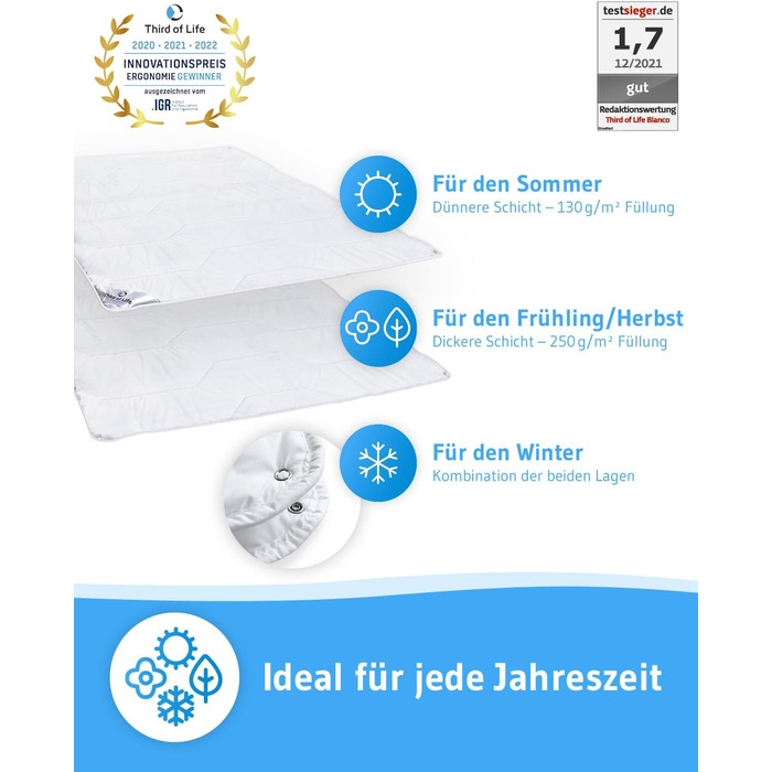 4-Season Duvet 135x200 Blanco, Fluffy All-Season Blanket with 2 Layers, Ideal for Winter & Summer, Ideal Hygiene for Allergy Sufferers, Moisture-Regulating & Breathable, Blanket 135 x 200 cm 4-Season Duvet 135 x 200