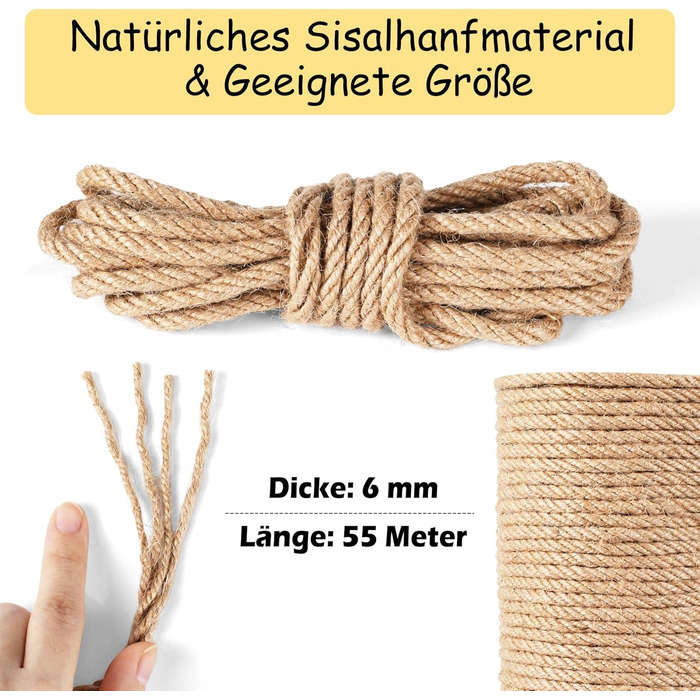 100M Sisal Rope for Cat Trees 8MM, Natural Sisal Rope for Cats, Scratch Rope, Household, Garden, DIY, Decoration, Cord for Replacement (55M x 6MM)
