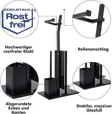 Набір для ванної кімнати WC-Garnitur з тримачем для туалетного паперу, без свердління, з нержавіючої сталі, скляний підстав, 32x20x70 см, чорний
