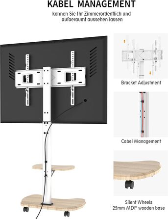 Підставка для телевізора Stellar на коліщатках з полицею, біла. Регульована висота, поворотна. Для телевізорів 32-70 дюймів, до 45 кг, VESA до 600x400