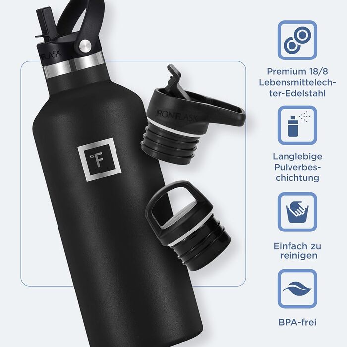 Термофляга IRON °FLASK Edelstahl 710 мл, чорна. Металева, двошарова, ізольована, без BPA. З трьома кришками (поїльник, соломинка). Для спорту, школи, фітнесу, кемпінгу.