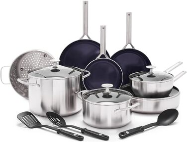 Набір посуду Blue Diamond Cookware 15 предметів: сковороди, каструлі з нержавіючої сталі з алмазним покриттям, антипригарні, індукційні, придатні для миття в посудомийній машині та духовці, без PFAS, багатошарові, срібні