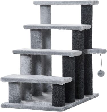 PawHut 4-Step Pet Stairs with Scratching Posts, Ball, Dog Stairs, Animal Stairs for Cats up to 5 kg, Plush Jute Grey, 60 x 40 x 64 cm