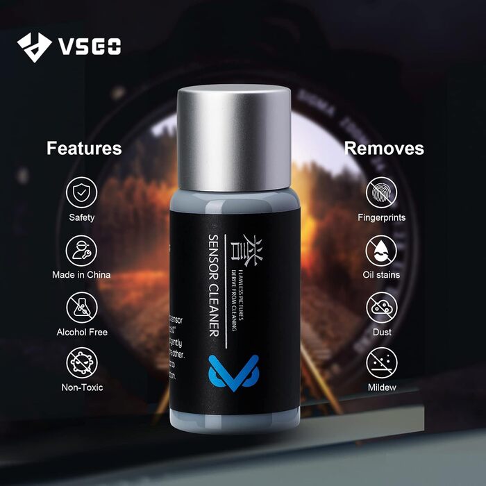 Набір для чищення камери VSGO VS-S03E: 12 ватних тампонів + 10 мл очищувача для сенсорів Sony, Nikon, Canon (FF, CCD, CMOS)