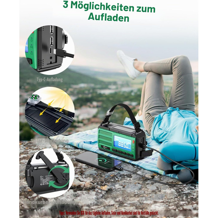 Радіоприймач Esky Kurbelradio з сонячною батареєю, 10000mAh, AM/FM, USB-зарядка, LED-ліхтарик, SOS-сигнал, компас, портативне для кемпінгу та надзвичайних ситуацій, зелений