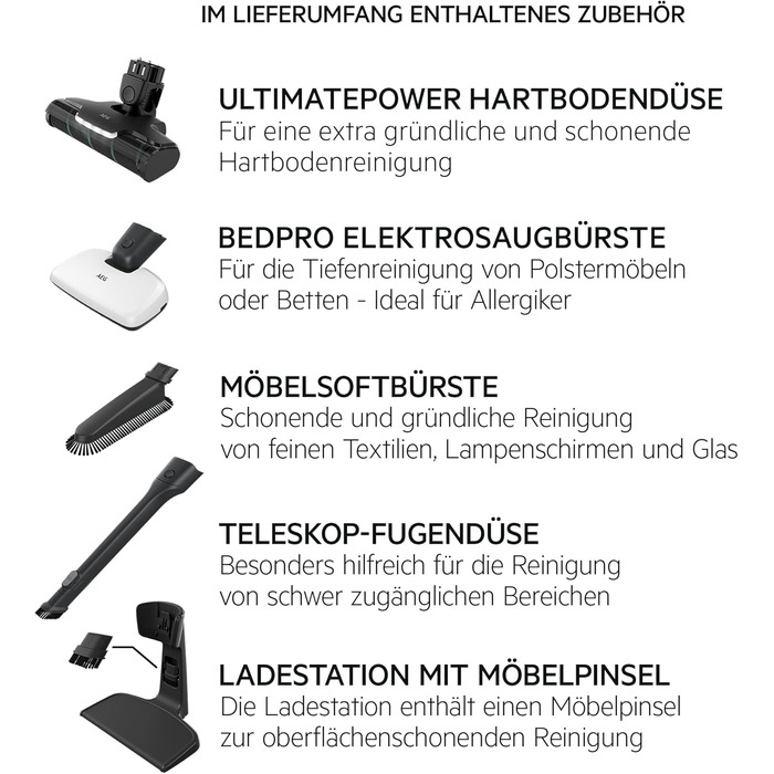 AEG HYGIENIC 5000 AS52HP25SH Cordless Vacuum Cleaner / 2in1 / Pleasantly Quiet at 80 dB(A) / 58% Recycled Material / Up to 55 Minutes of Runtime / Automatic / Self-Standing / Suitable for All Floors / Includes Accessories, White Model 2023 25.2V White Complete Accessories