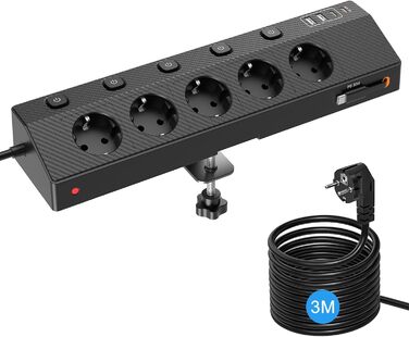 Мережевий адаптер PASSUS з 5 розетками, 2 USB-C (PD 30W), захист від перенапруги, індивідуальне вмикання, 10-в-1, з кабелем 2м, для офісу, чорний