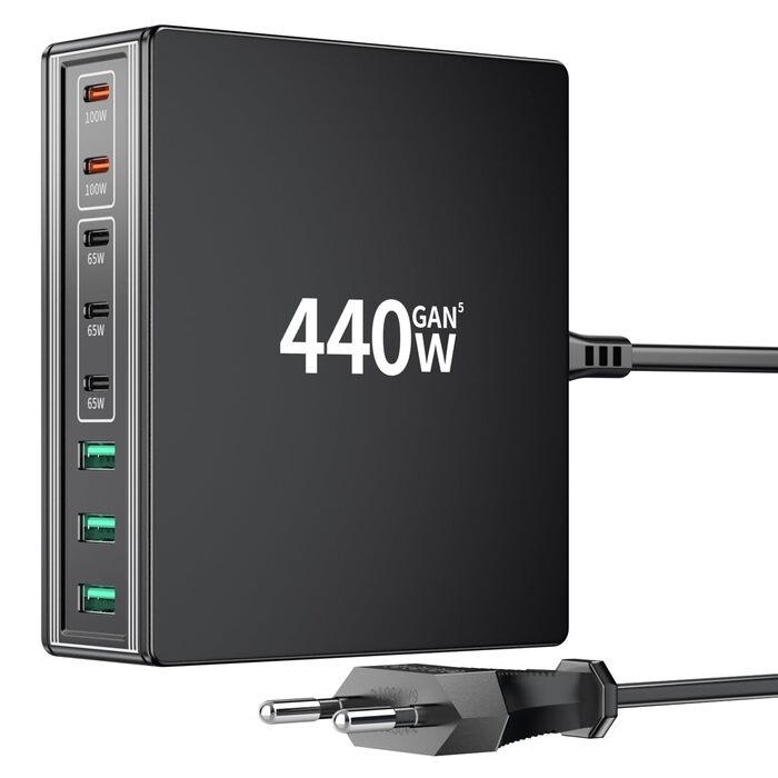 Зарядний пристрій USB-C 440W 8 портів: Швидка зарядка для MacBook, iPad, iPhone 17/16/15, Samsung та інших – чорний