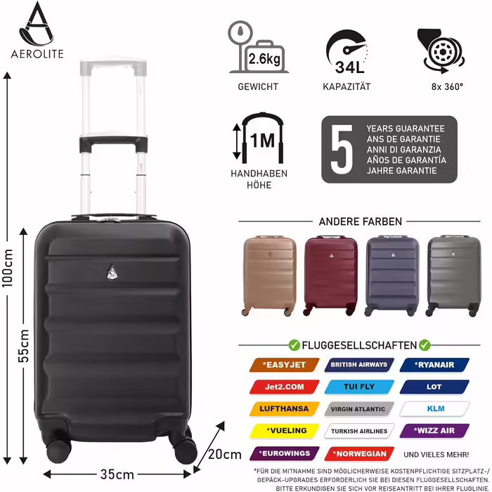 Валіза Aerolite XL 79 см, легка ABS, 4 колеса, чорна, жорсткий корпус, ручна поклажа 55 см