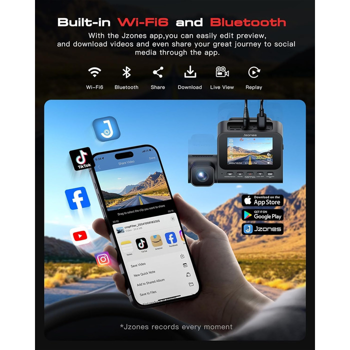 Відеореєстратор Jzones з GPS, WiFi, 4K+1080P, потрійна камера (передня, задня, внутрішня), 64GB SD, G-сенсор, нічне бачення, паркувальний режим, керування через додаток