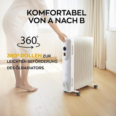 Електричний масляний радіатор Heinrich з 13 ребрами, 2500W, з вентилятором, терморегулятором, захистом від перегріву та нахилу, чорний (білий 11 ребер)