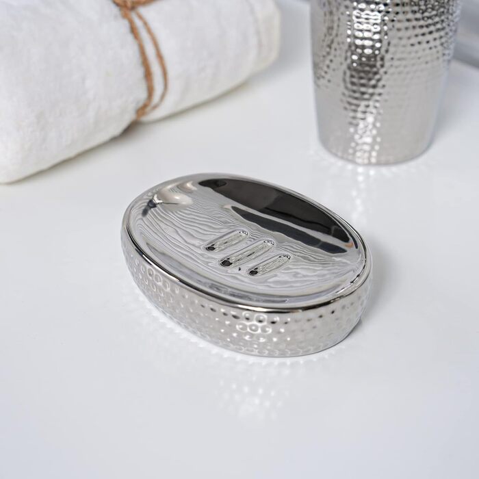 Silver Bathroom Accessories Set – 3-Piece Decorative Ceramic Bathroom Accessories Set with Lotion Soap Dispenser, Toothbrush Holder/Cup, and Soap Dish, Silver Gift Set for New Home Decor