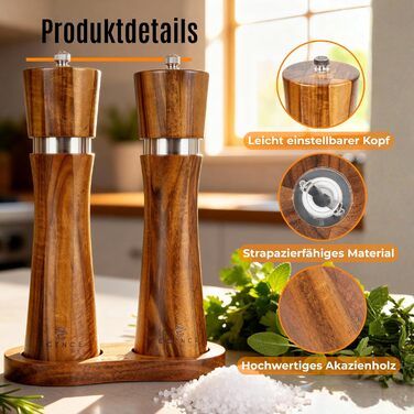 Набір з 2 мельниць для солі та перцю Ecence Holz з акації з керамічним механізмом, пензлик та підставки в комплекті