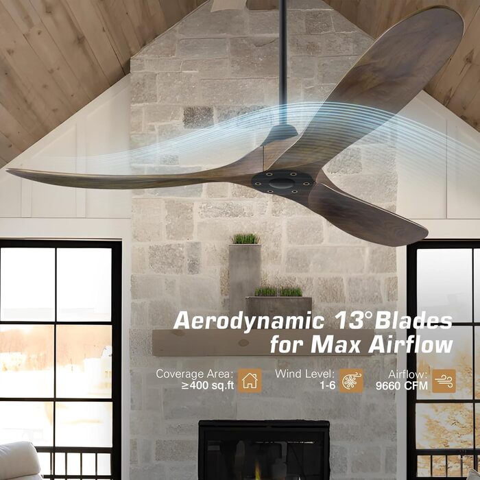 Дерев'яний стельовий вентилятор 152 см з дистанційним керуванням, 60 дюймів, 3 лопаті, DC-двигун, для дому та вулиці, таймер, коричневий