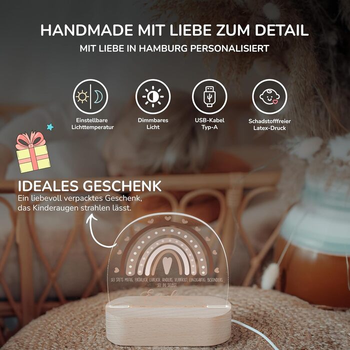 Night light for children with desired name, personalized night lamp dimmable - With cute animal motif as personalized gifts for children for baptism, birth, Easter & baby gifts (rainbow heart brown)