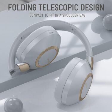 Бездротові навушники LORELEI B-C6 Over-Ear: 50 годин роботи, складні, легкі, Bluetooth, глибокі баси, мікрофон, memory foam, для подорожей (Бежево-білий, Сірий)