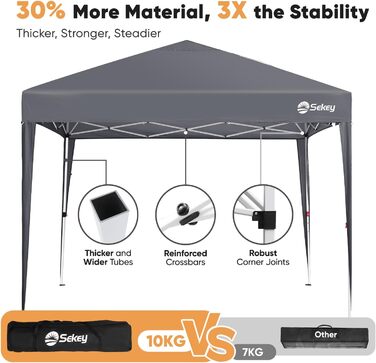 Sekey One-Touch Pop-Up Pavilion 3x3 Waterproof Stable Winter-Proof, Folding Pavilion 3x3m with Thickened Tubes, Party Tent Pavilion Foldable for Camping Festival Party, Grey