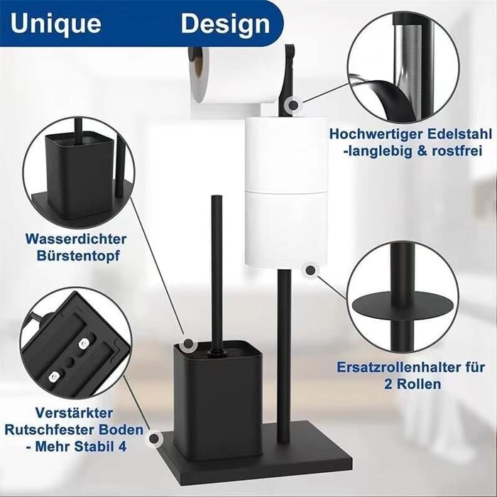 Тримач туалетного паперу з щіткою YUET з нержавіючої сталі, чорний | Набір для ванної кімнати