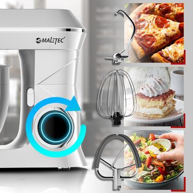 Планетарний міксер MalTecChef 2200 Вт, 6 л, 6 швидкостей, чорний, насадки для замісу тіста, збивання, кухонний комбайн