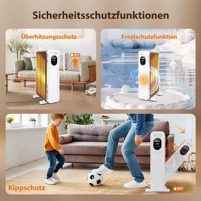 Електричний масляний радіатор Aigostar Snug 2500W з пультом керування, 13 ребер, термостат, 3 режими, ECO, таймер 24г, LED, захист від перекидання та перегріву