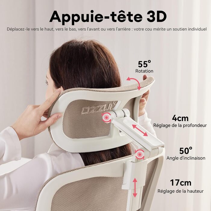 Ергономічне крісло для жінок MUSSO E80 Muse FemmePosture™ - регулювання на 135°, 3D-підтримка попереку, 17см 4D-підголівник, висувна підніжка, регулювання глибини/висоти сидіння, регульовані підлокітники (Бежевий)