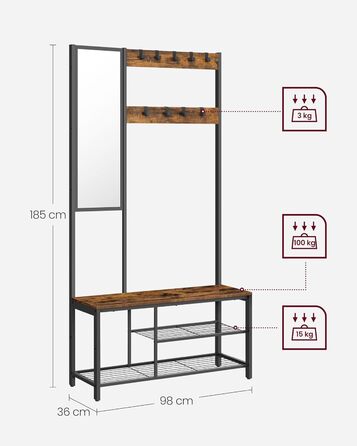 VASAGLE Coat Rack, Coat Stand with Hooks, Clothes Rack with Mirror, Shoe Bench and Shelves, 36 x 98 x 185 cm, for Entryway, Bedroom, Living Room, vintage brown-black HSRAM050B01