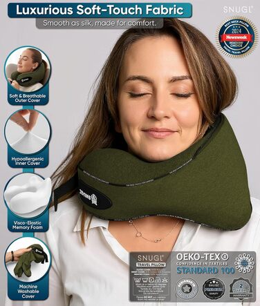 Подушка для шиї SNUGL з Memory Foam, регульована та миюча | Зручна подушка для подорожей на літаку, в авто та в дорогу | Подушка-шия, Neck Travel Pillow (доросла, маленька, оливковий)
