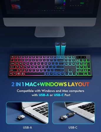 Бездротова клавіатура та миша з підсвічуванням, USB-C, тиха, для Mac/Windows/PC/Laptop - Чорний, QWERTY